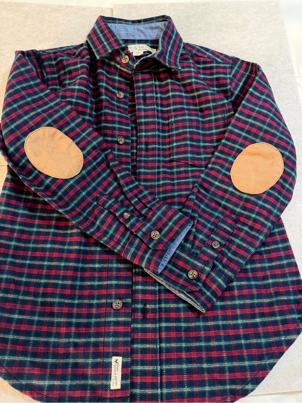 Boys Plaid Button-Down Shirt with Tan Elbow Patches - Navy/Green/Red